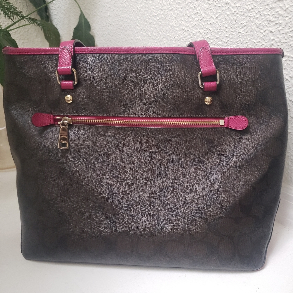 Coach Autentic F34603 Brown & Fuchsia Signature Tote Bag 13×11×5 - Picture 2 of 11